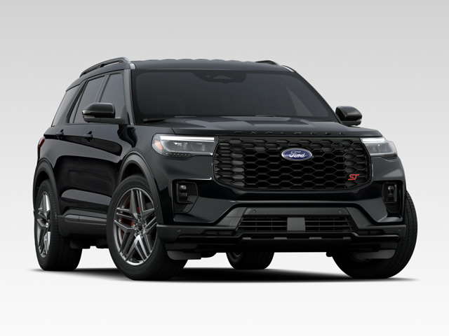 A stock image of a black Ford Explorer shot from the front.